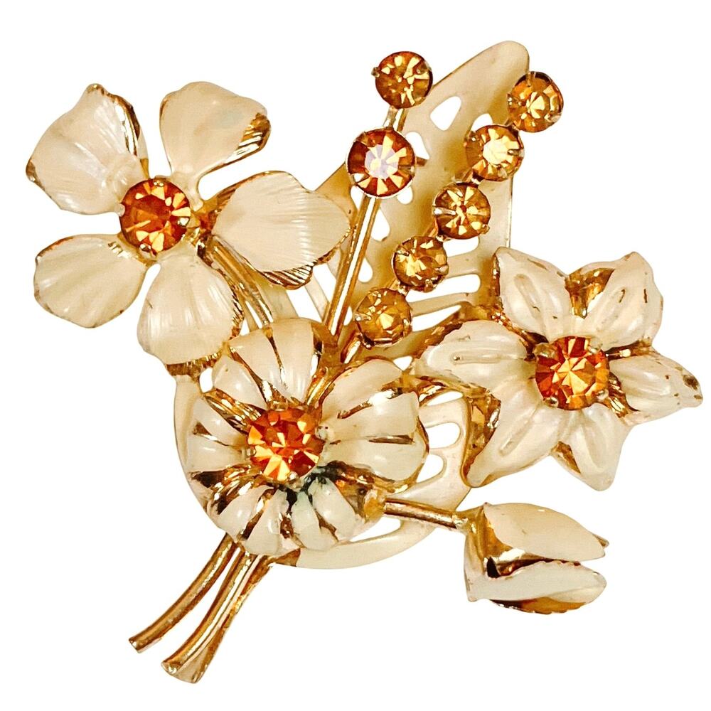 Mid Century Austria Enamel Amber Rhinestone Gold Tone Floral Bouquet Brooch